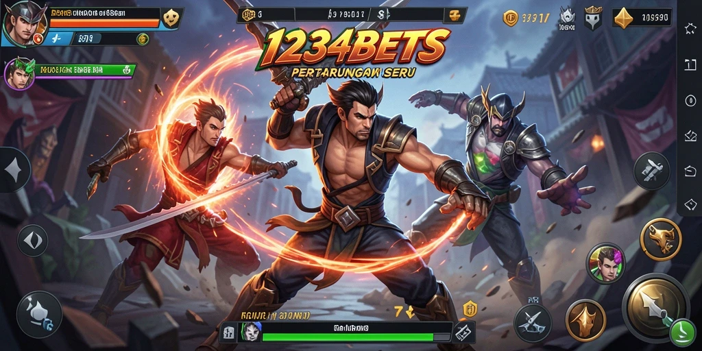 Screenshot utama 1234BETS dengan karakter bertarung di arena.