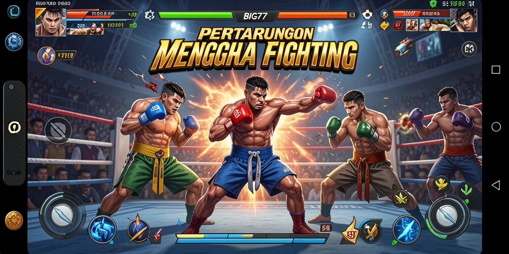 Screenshot utama BIG77 menampilkan pertarungan seru antar karakter dengan efek visual menakjubkan.