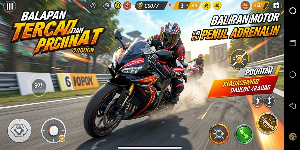 Tampilan gameplay seru pada balapan motor C0077 yang menegangkan.