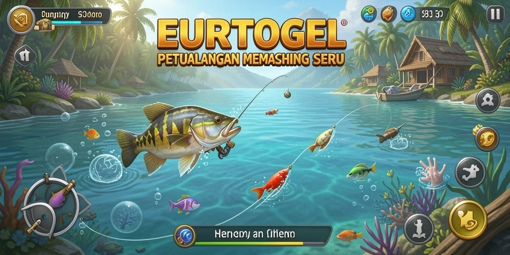Tampilan gameplay seru di <strong>EUROTOGEL</strong> saat menangkap ikan di danau yang memukau.