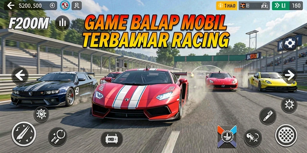 Screenshot gameplay F200M menampilkan mobil balap di lintasan yang menantang.