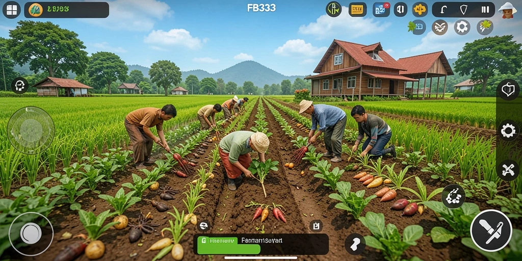 Gameplay FB333 yang menampilkan berbagai tanaman dan hewan di ladang.