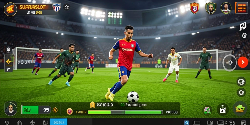 Tampilan gameplay SUPRASLOT dengan aksi sepak bola yang menegangkan.
