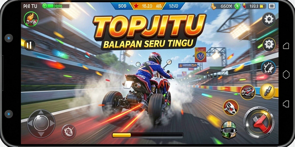 Screenshot gameplay TOPJITU menampilkan balapan intens dan mobil cepat.