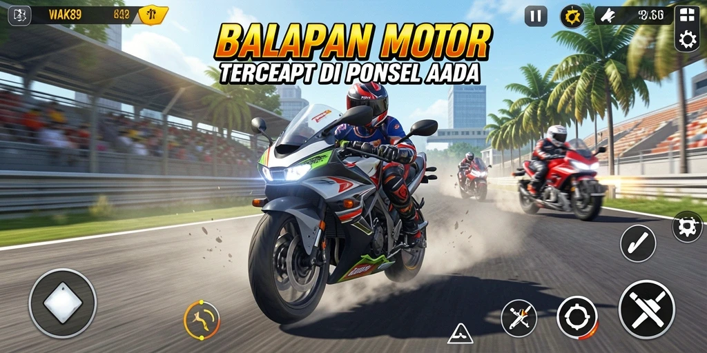 Tampilan utama gameplay WAK89 yang penuh aksi balapan motor.